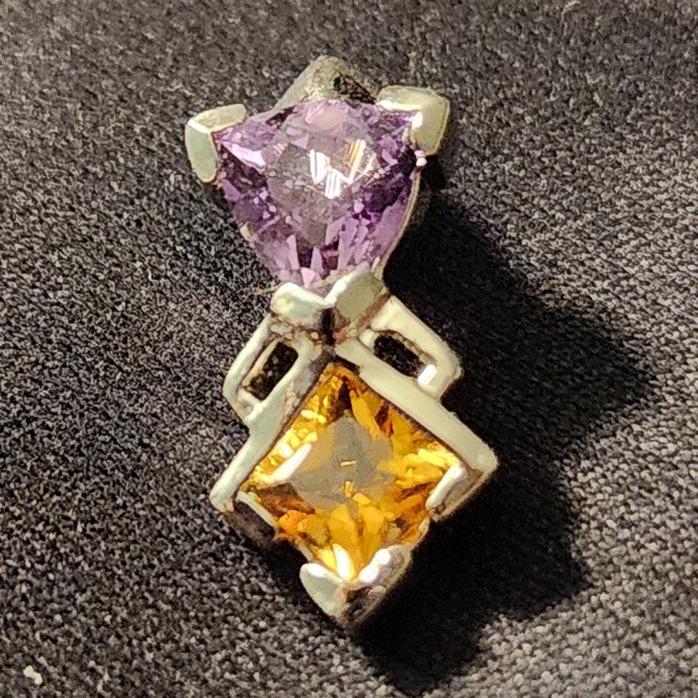 S925 Purple amethyst & citrine slide pendant trillion & square gems NEW!